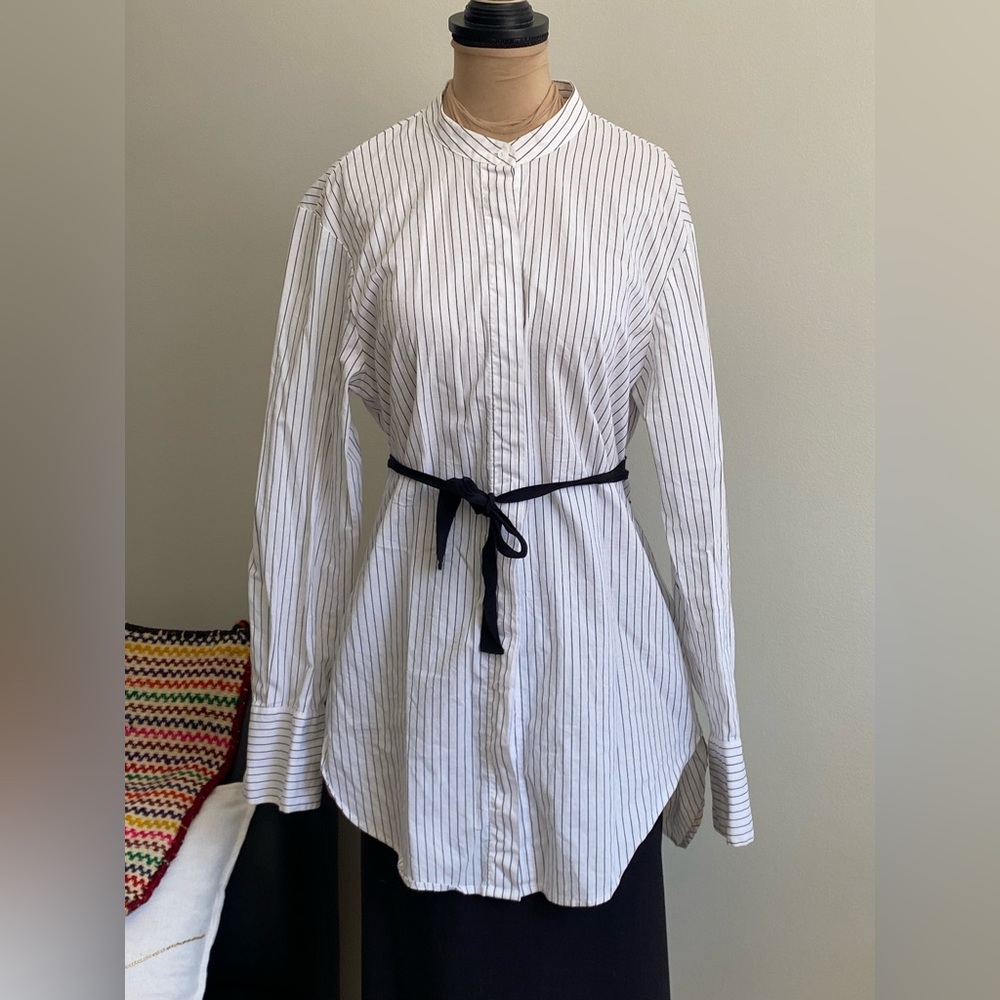 Maison Cinqcent Blouse with black pinstripes and attached belt.